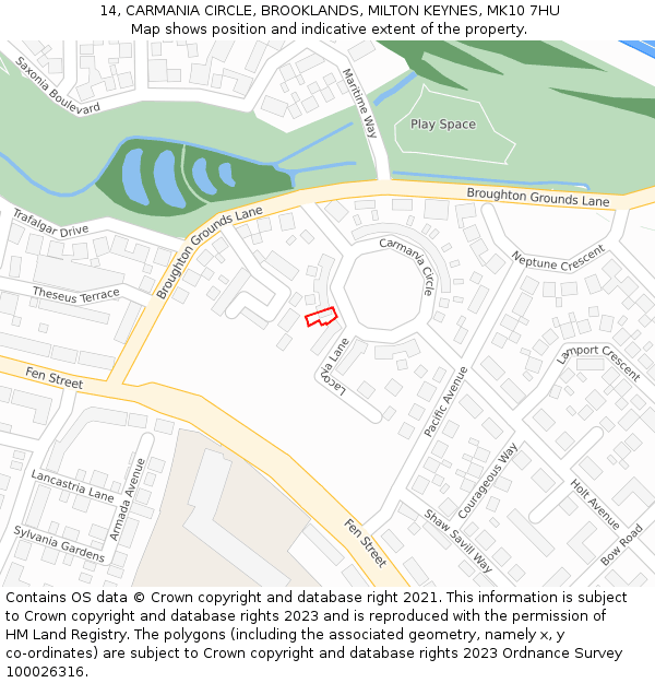 14, CARMANIA CIRCLE, BROOKLANDS, MILTON KEYNES, MK10 7HU: Location map and indicative extent of plot