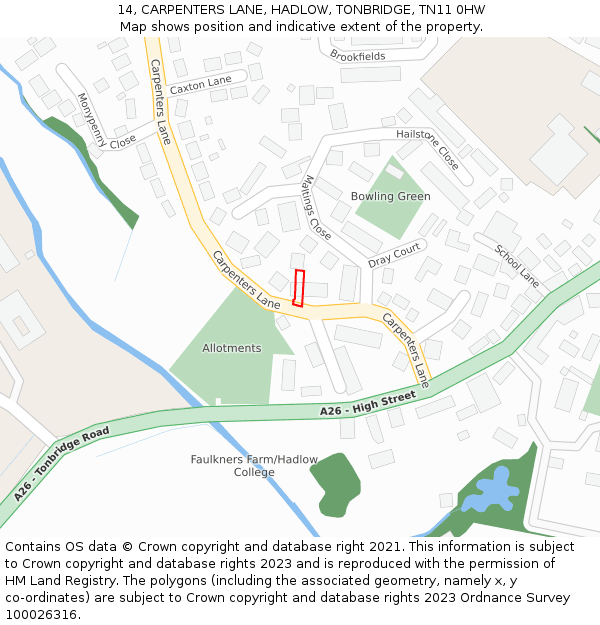 14, CARPENTERS LANE, HADLOW, TONBRIDGE, TN11 0HW: Location map and indicative extent of plot