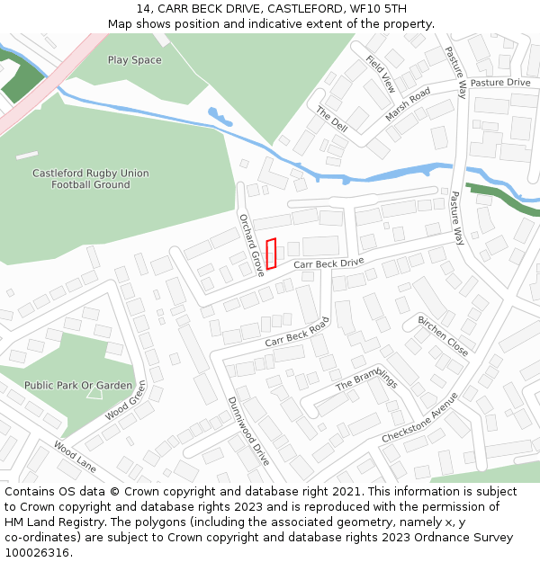 14, CARR BECK DRIVE, CASTLEFORD, WF10 5TH: Location map and indicative extent of plot