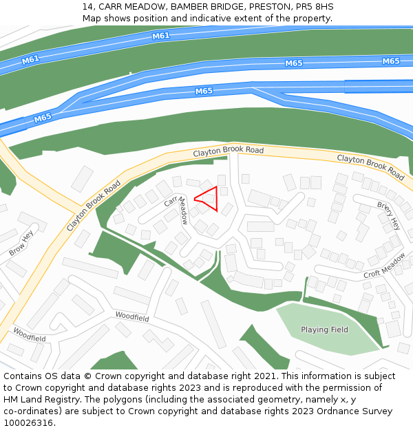 14, CARR MEADOW, BAMBER BRIDGE, PRESTON, PR5 8HS: Location map and indicative extent of plot