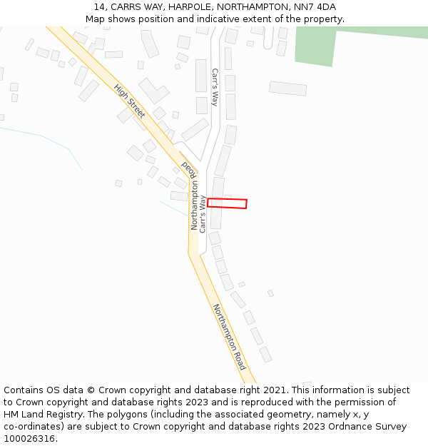 14, CARRS WAY, HARPOLE, NORTHAMPTON, NN7 4DA: Location map and indicative extent of plot