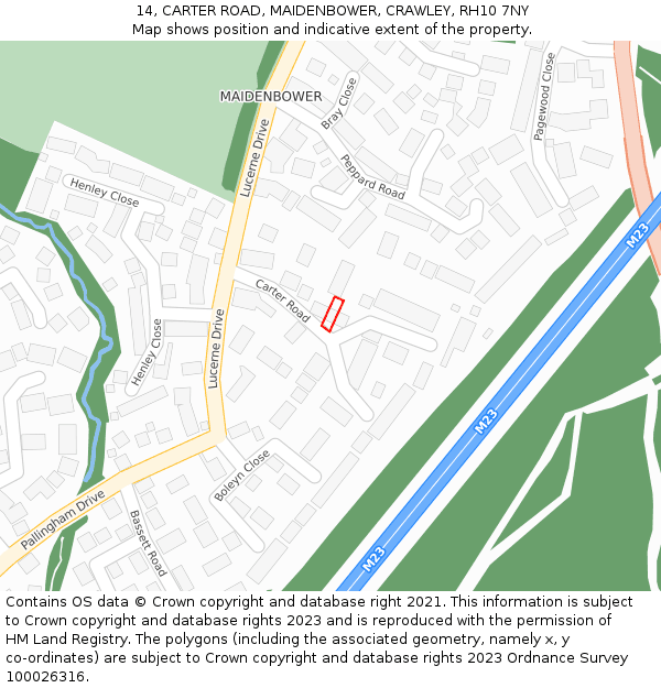 14, CARTER ROAD, MAIDENBOWER, CRAWLEY, RH10 7NY: Location map and indicative extent of plot