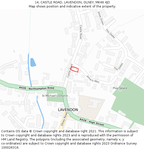 14, CASTLE ROAD, LAVENDON, OLNEY, MK46 4JD: Location map and indicative extent of plot