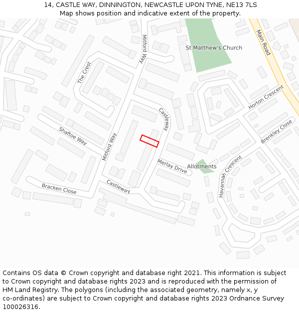 14, CASTLE WAY, DINNINGTON, NEWCASTLE UPON TYNE, NE13 7LS: Location map and indicative extent of plot