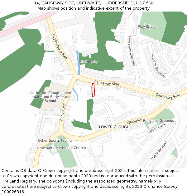 14, CAUSEWAY SIDE, LINTHWAITE, HUDDERSFIELD, HD7 5NL: Location map and indicative extent of plot