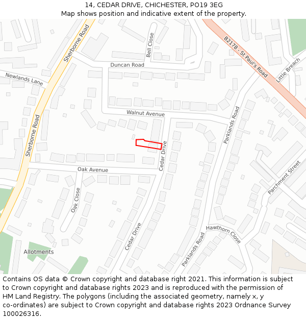 14, CEDAR DRIVE, CHICHESTER, PO19 3EG: Location map and indicative extent of plot