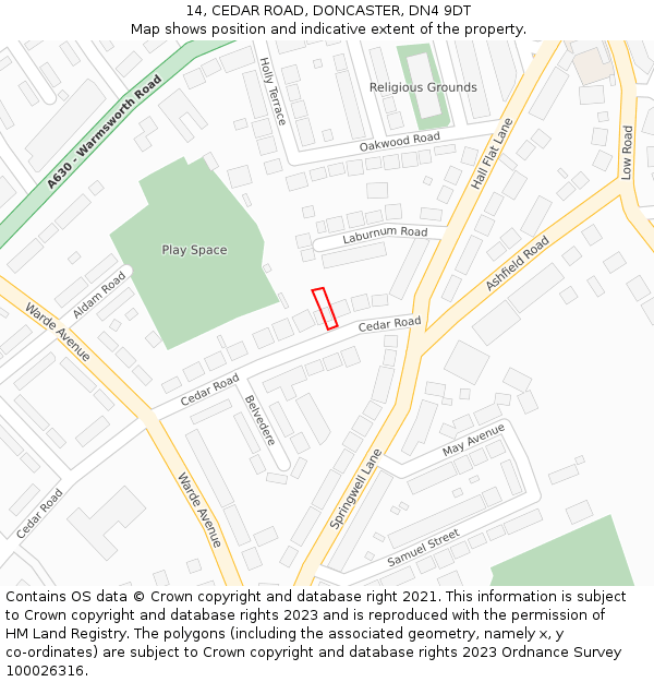 14, CEDAR ROAD, DONCASTER, DN4 9DT: Location map and indicative extent of plot