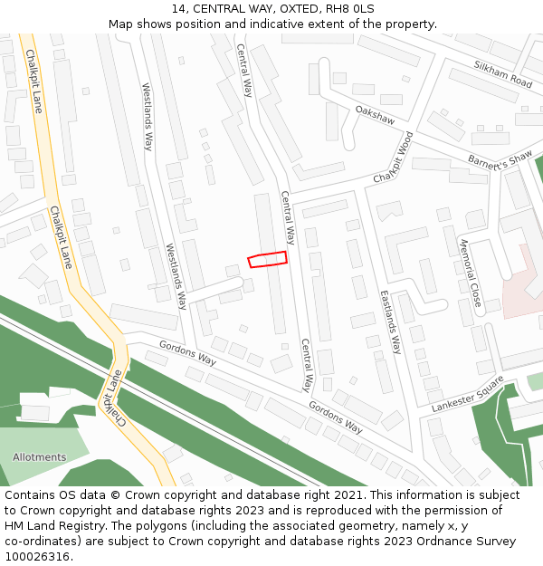 14, CENTRAL WAY, OXTED, RH8 0LS: Location map and indicative extent of plot