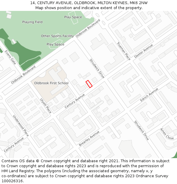 14, CENTURY AVENUE, OLDBROOK, MILTON KEYNES, MK6 2NW: Location map and indicative extent of plot