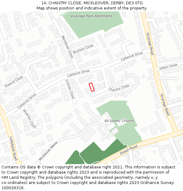 14, CHANTRY CLOSE, MICKLEOVER, DERBY, DE3 0TG: Location map and indicative extent of plot