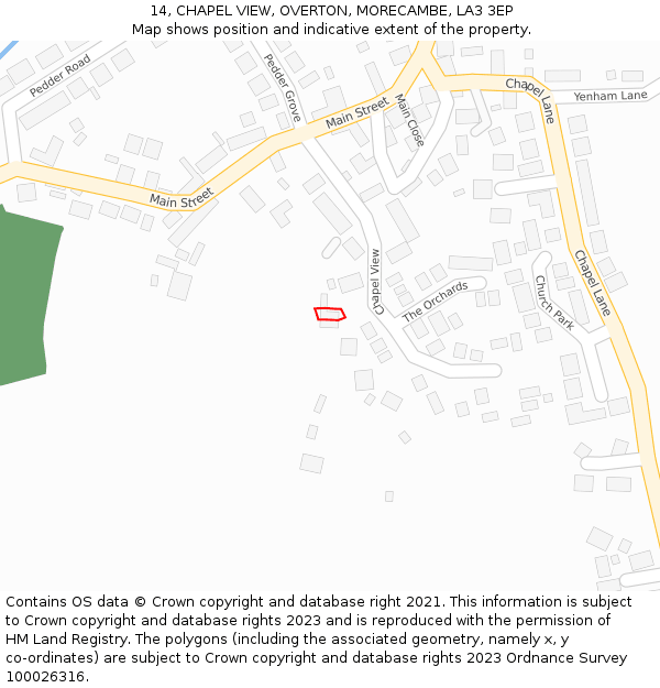 14, CHAPEL VIEW, OVERTON, MORECAMBE, LA3 3EP: Location map and indicative extent of plot