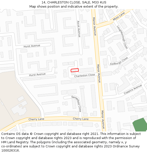 14, CHARLESTON CLOSE, SALE, M33 4US: Location map and indicative extent of plot