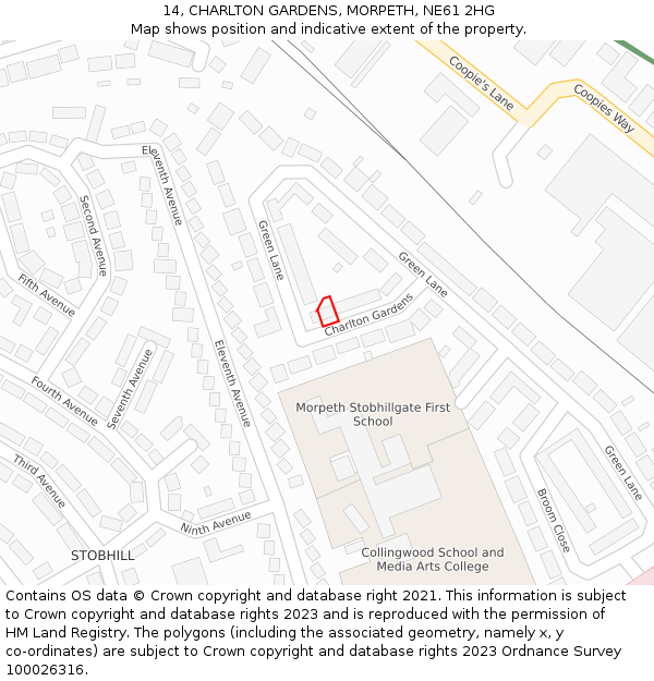 14, CHARLTON GARDENS, MORPETH, NE61 2HG: Location map and indicative extent of plot