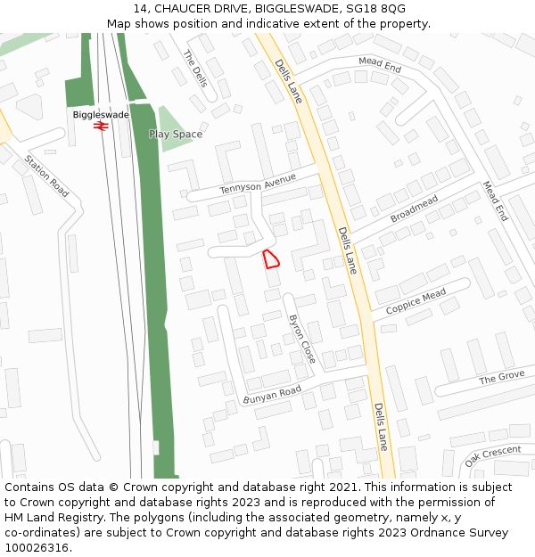 14, CHAUCER DRIVE, BIGGLESWADE, SG18 8QG: Location map and indicative extent of plot