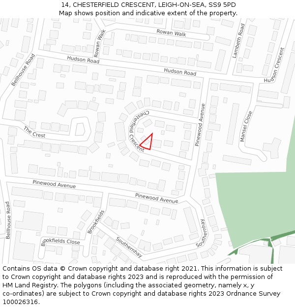 14, CHESTERFIELD CRESCENT, LEIGH-ON-SEA, SS9 5PD: Location map and indicative extent of plot