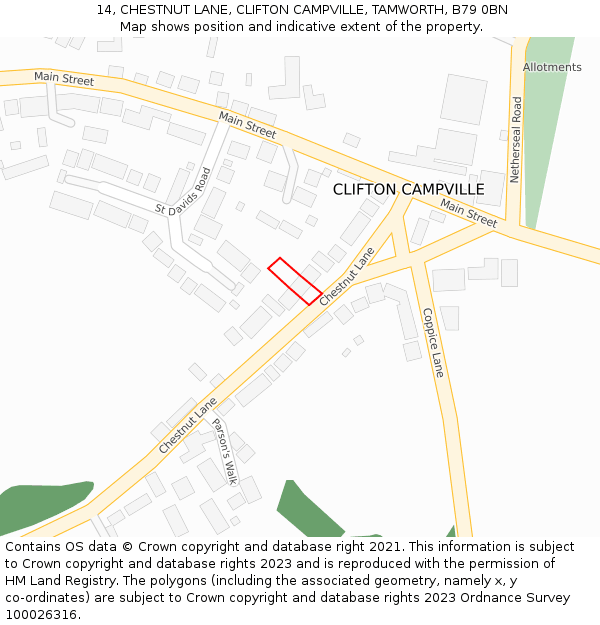 14, CHESTNUT LANE, CLIFTON CAMPVILLE, TAMWORTH, B79 0BN: Location map and indicative extent of plot