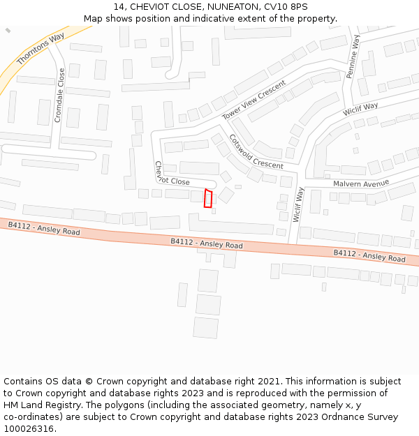 14, CHEVIOT CLOSE, NUNEATON, CV10 8PS: Location map and indicative extent of plot