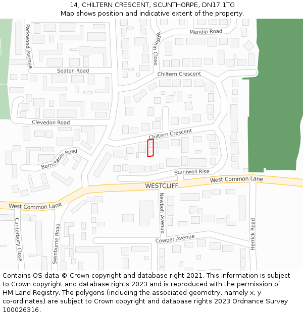 14, CHILTERN CRESCENT, SCUNTHORPE, DN17 1TG: Location map and indicative extent of plot