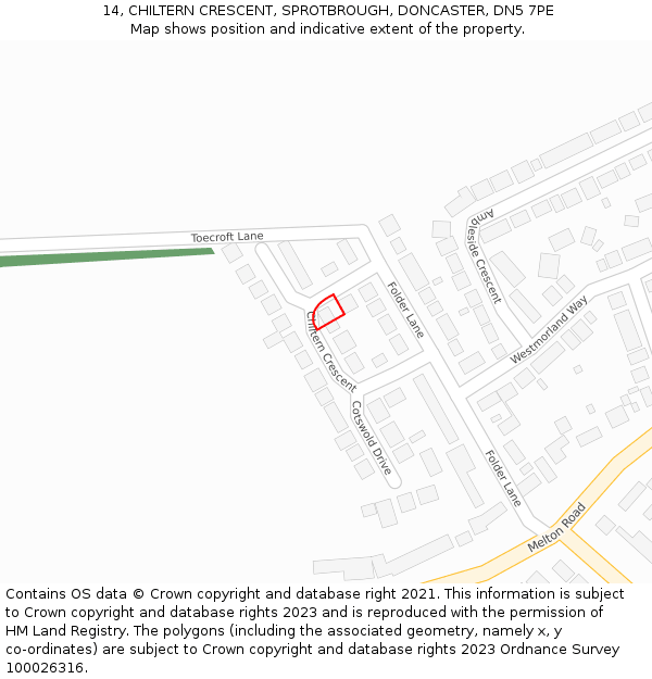 14, CHILTERN CRESCENT, SPROTBROUGH, DONCASTER, DN5 7PE: Location map and indicative extent of plot