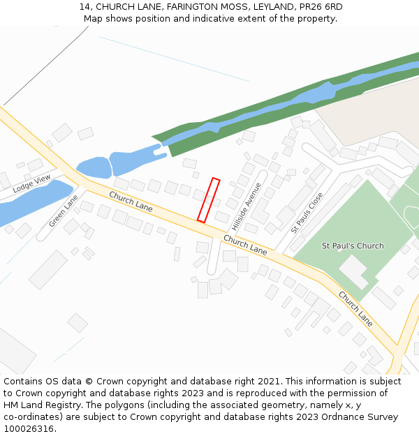 14, CHURCH LANE, FARINGTON MOSS, LEYLAND, PR26 6RD: Location map and indicative extent of plot