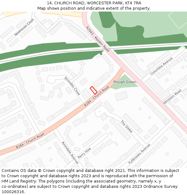 14, CHURCH ROAD, WORCESTER PARK, KT4 7RA: Location map and indicative extent of plot