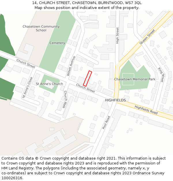 14, CHURCH STREET, CHASETOWN, BURNTWOOD, WS7 3QL: Location map and indicative extent of plot