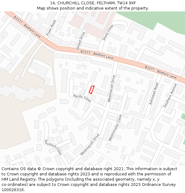 14, CHURCHILL CLOSE, FELTHAM, TW14 9XF: Location map and indicative extent of plot