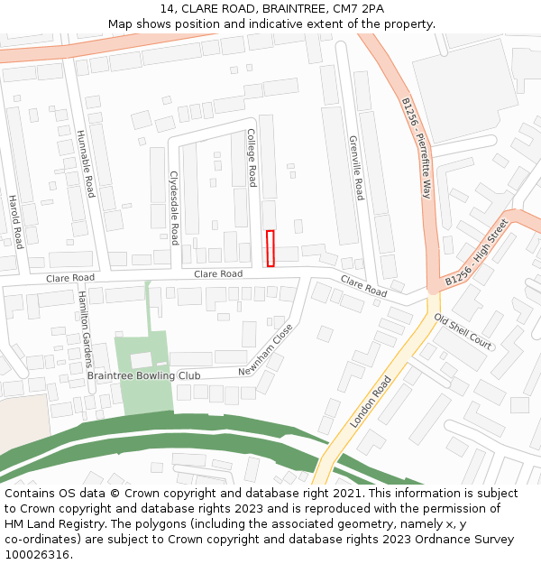 14, CLARE ROAD, BRAINTREE, CM7 2PA: Location map and indicative extent of plot