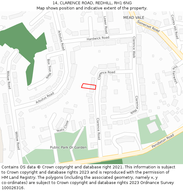 14, CLARENCE ROAD, REDHILL, RH1 6NG: Location map and indicative extent of plot