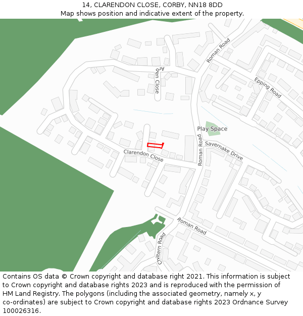 14, CLARENDON CLOSE, CORBY, NN18 8DD: Location map and indicative extent of plot
