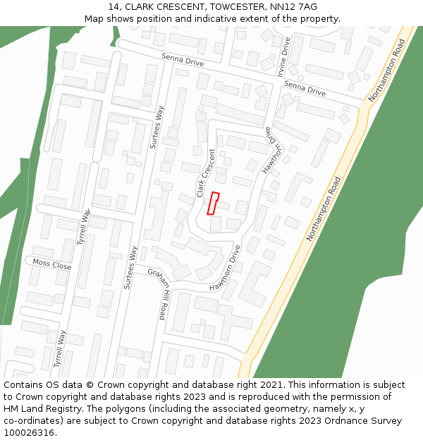 14, CLARK CRESCENT, TOWCESTER, NN12 7AG: Location map and indicative extent of plot