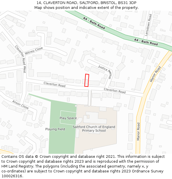 14, CLAVERTON ROAD, SALTFORD, BRISTOL, BS31 3DP: Location map and indicative extent of plot