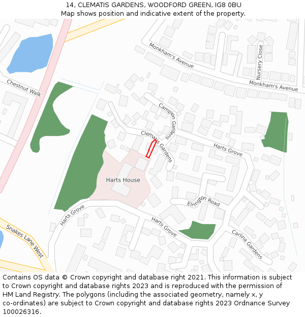 14, CLEMATIS GARDENS, WOODFORD GREEN, IG8 0BU: Location map and indicative extent of plot