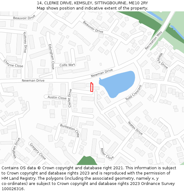 14, CLERKE DRIVE, KEMSLEY, SITTINGBOURNE, ME10 2RY: Location map and indicative extent of plot