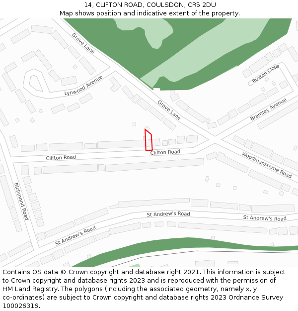 14, CLIFTON ROAD, COULSDON, CR5 2DU: Location map and indicative extent of plot