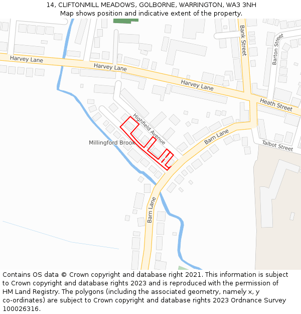 14, CLIFTONMILL MEADOWS, GOLBORNE, WARRINGTON, WA3 3NH: Location map and indicative extent of plot