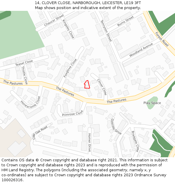 14, CLOVER CLOSE, NARBOROUGH, LEICESTER, LE19 3FT: Location map and indicative extent of plot