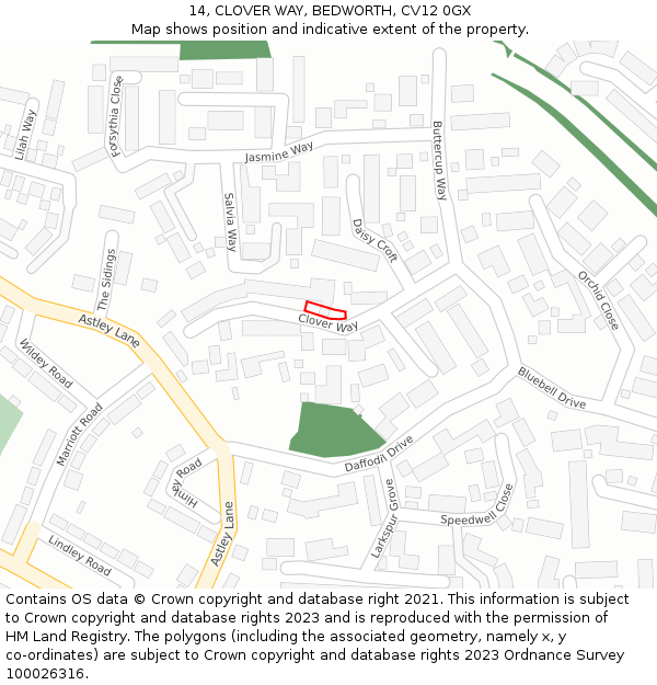 14, CLOVER WAY, BEDWORTH, CV12 0GX: Location map and indicative extent of plot