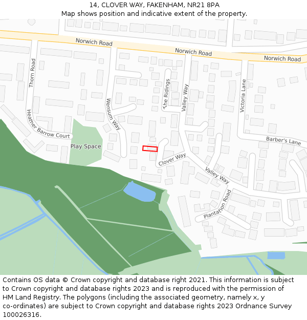 14, CLOVER WAY, FAKENHAM, NR21 8PA: Location map and indicative extent of plot