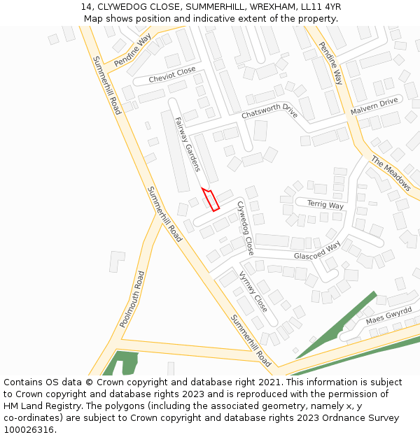 14, CLYWEDOG CLOSE, SUMMERHILL, WREXHAM, LL11 4YR: Location map and indicative extent of plot