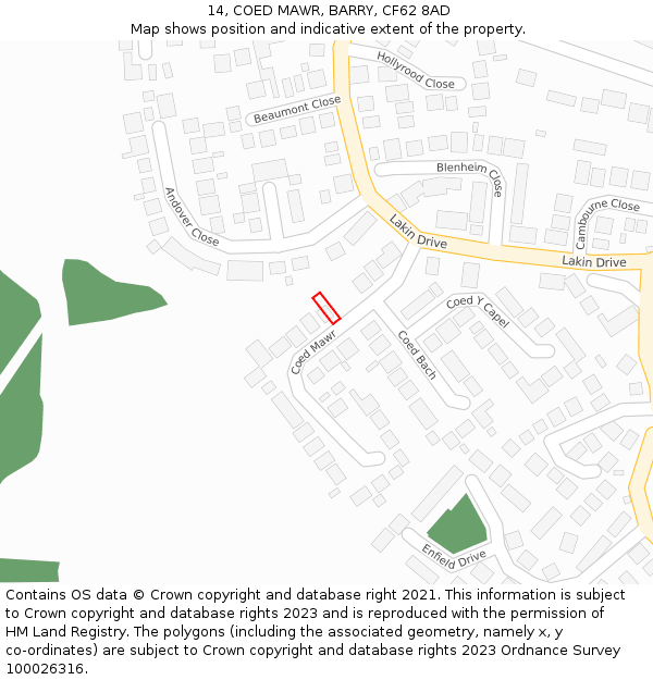 14, COED MAWR, BARRY, CF62 8AD: Location map and indicative extent of plot