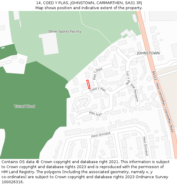 14, COED Y PLAS, JOHNSTOWN, CARMARTHEN, SA31 3PJ: Location map and indicative extent of plot