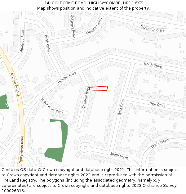 14, COLBORNE ROAD, HIGH WYCOMBE, HP13 6XZ: Location map and indicative extent of plot