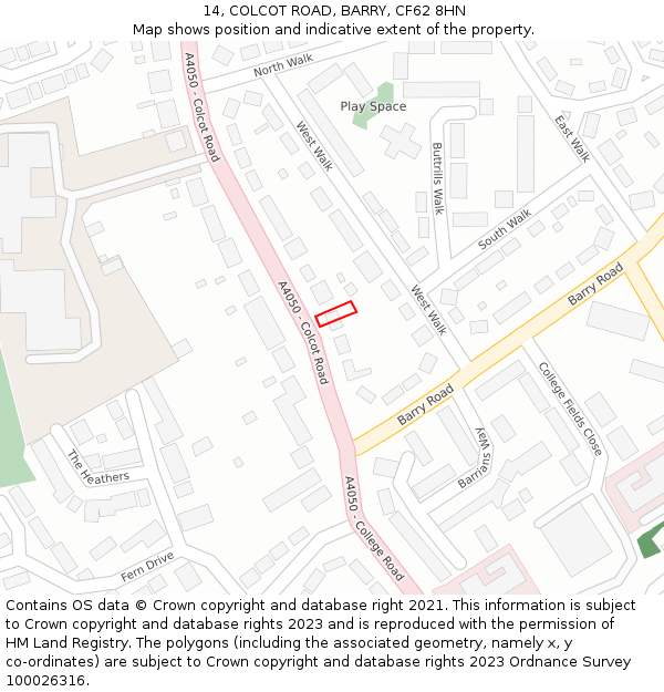 14, COLCOT ROAD, BARRY, CF62 8HN: Location map and indicative extent of plot