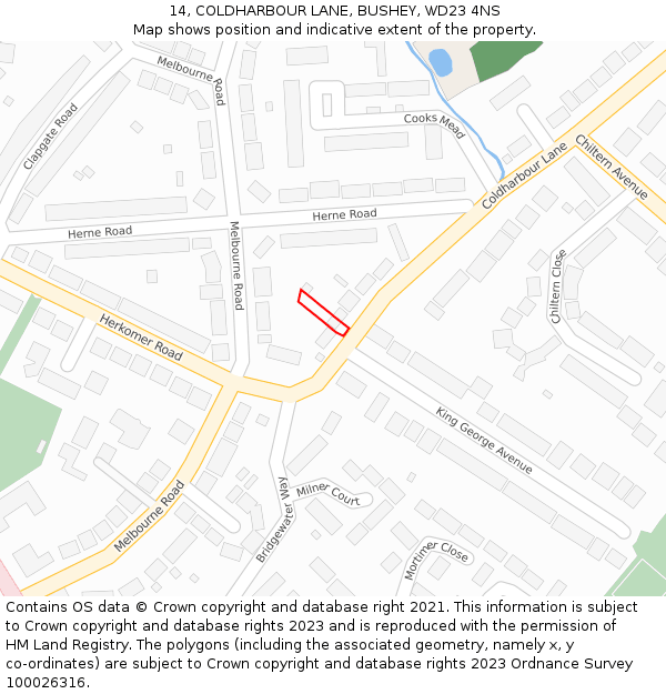 14, COLDHARBOUR LANE, BUSHEY, WD23 4NS: Location map and indicative extent of plot