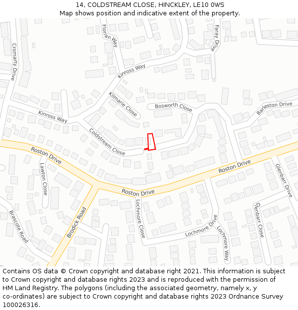 14, COLDSTREAM CLOSE, HINCKLEY, LE10 0WS: Location map and indicative extent of plot