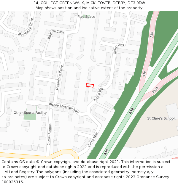 14, COLLEGE GREEN WALK, MICKLEOVER, DERBY, DE3 9DW: Location map and indicative extent of plot