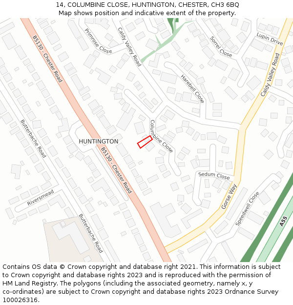 14, COLUMBINE CLOSE, HUNTINGTON, CHESTER, CH3 6BQ: Location map and indicative extent of plot