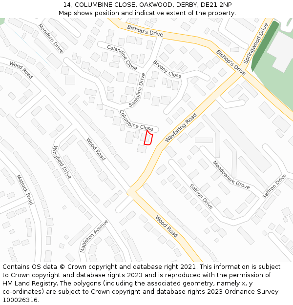 14, COLUMBINE CLOSE, OAKWOOD, DERBY, DE21 2NP: Location map and indicative extent of plot