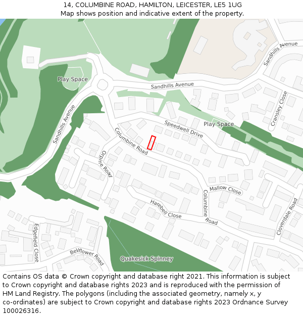 14, COLUMBINE ROAD, HAMILTON, LEICESTER, LE5 1UG: Location map and indicative extent of plot